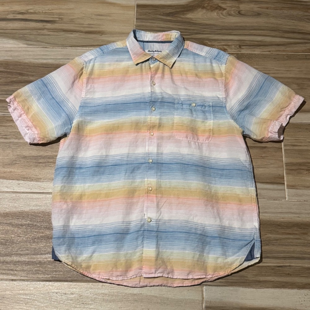 Tommy Bahama Mens Large Linen Tencel Stripe Short Sleeve Button Down Shirt Multi